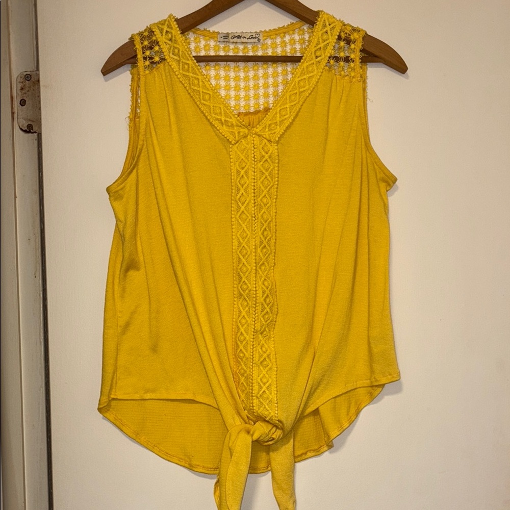 Yellow Sleeveless Top with Lace Detail & Front tie